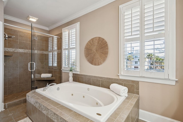 full bath with a whirlpool tub, a stall shower, plenty of natural light, and ornamental molding