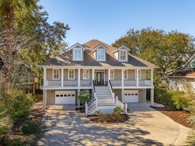 coastal home featuring covered porch, stairway, an attached garage, and stucco siding