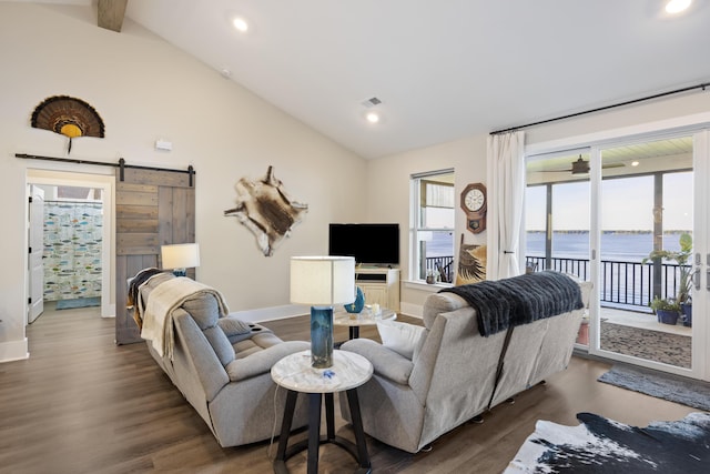359 Green St, Santee, SC 29142 - living area with a barn door, dark wood finished floors, and recessed lighting