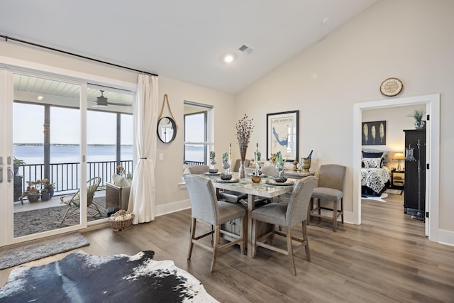 359 Green St, Santee, SC 29142 - dining space with wood finished floors, a water view, and high vaulted ceiling
