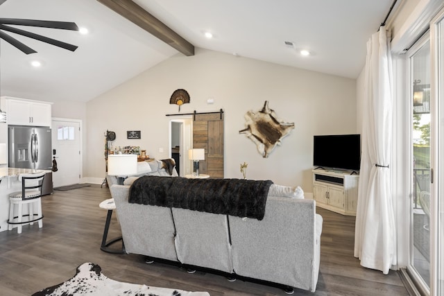 359 Green St, Santee, SC 29142 - living room featuring a barn door, dark wood-style flooring, and ceiling fan