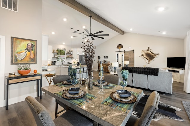 359 Green St, Santee, SC 29142 - dining room featuring a barn door, dark wood-style floors, a ceiling fan, and recessed lighting