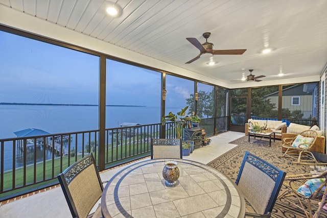 359 Green St, Santee, SC 29142 - sunroom / solarium featuring ceiling fan, outdoor lounge area, a water view, and outdoor dining area