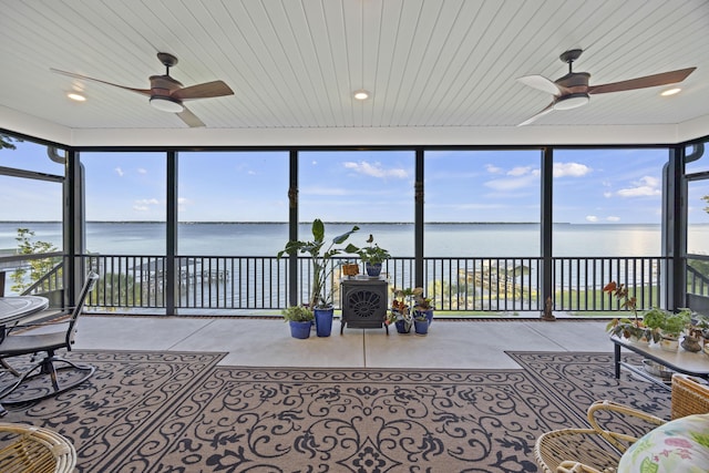 359 Green St, Santee, SC 29142 - sunroom with a water view, concrete flooring, wooden ceiling, a wall of windows, and recessed lighting