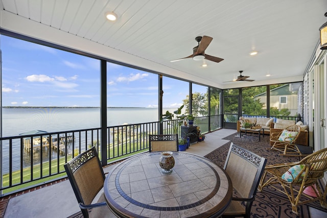 359 Green St, Santee, SC 29142 - sunroom / solarium with a water view, an outdoor living space, and ceiling fan