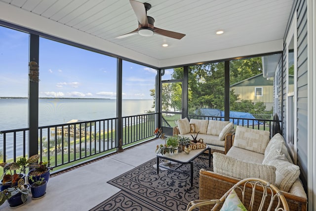359 Green St, Santee, SC 29142 - sunroom / solarium with a water view, a ceiling fan, and an outdoor hangout area