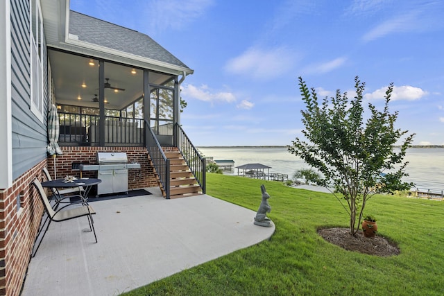 359 Green St, Santee, SC 29142 - view of patio featuring a water view, stairs, a sunroom, and ceiling fan