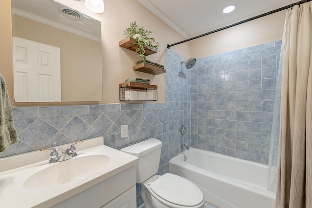 403 Forest Cir, Summerville, SC 29483 - full bathroom featuring visible vents, tile walls, vanity, ornamental molding, and shower / bath combo with shower curtain