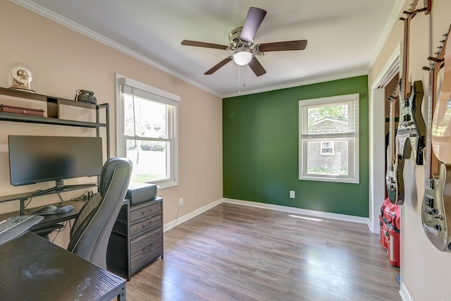 403 Forest Cir, Summerville, SC 29483 - home office featuring baseboards, ornamental molding, ceiling fan, and wood finished floors