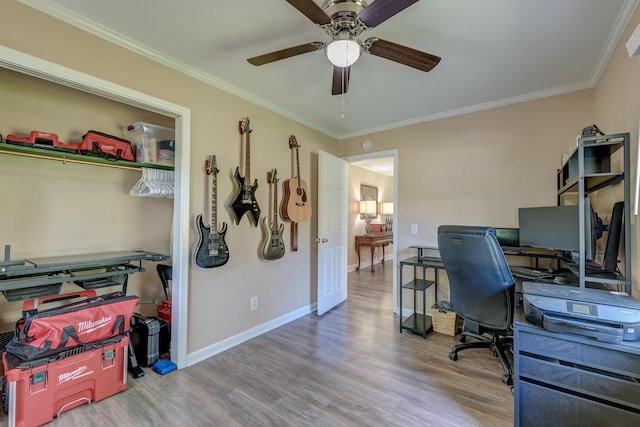 403 Forest Cir, Summerville, SC 29483 - office area with crown molding, a ceiling fan, baseboards, and wood finished floors
