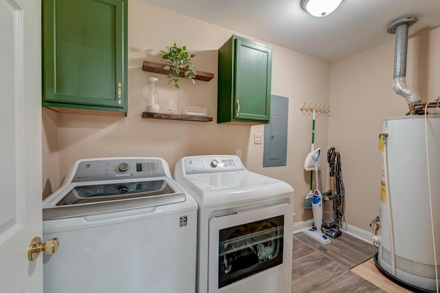 403 Forest Cir, Summerville, SC 29483 - laundry room with wood finished floors, washer and dryer, gas water heater, electric panel, and cabinet space