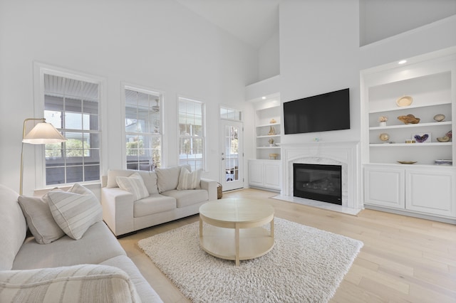 132 Fresh Meadow Ln, Mount Pleasant, SC 29466 - living room with healthy amount of natural light, built in shelves, a fireplace, light wood finished floors, and a towering ceiling