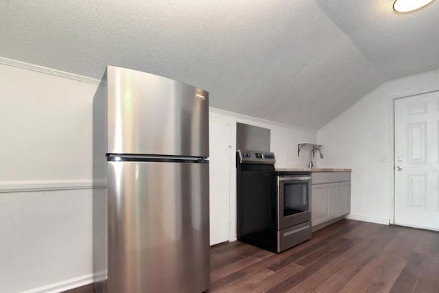 kitchen featuring a textured ceiling, dark wood-type flooring, appliances with stainless steel finishes, and vaulted ceiling