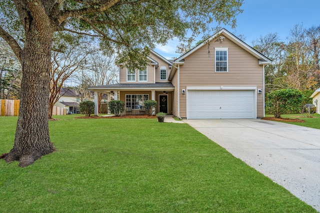 view of front property featuring covered porch, a front yard, and a garage