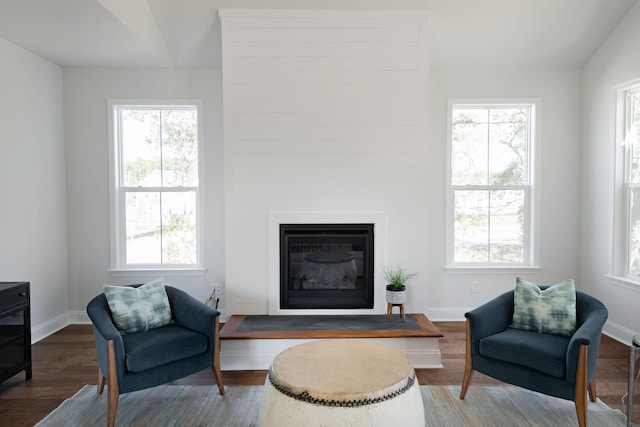 living room with wood-type flooring and a healthy amount of sunlight