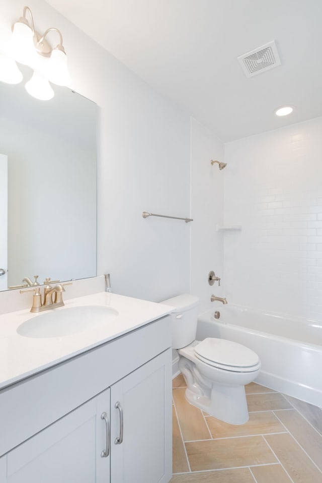 full bathroom featuring shower / tub combination, toilet, tile floors, and oversized vanity