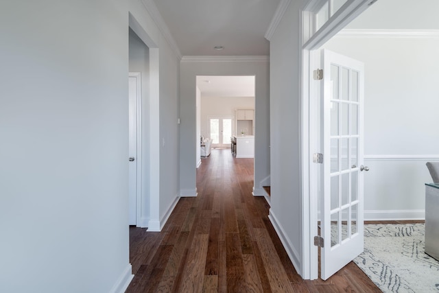 corridor featuring crown molding and dark hardwood / wood-style floors