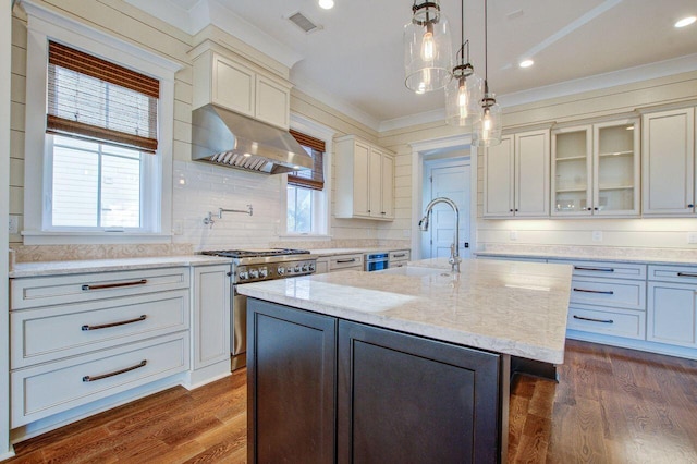 kitchen with dark wood-type flooring, crown molding, sink, and a kitchen island with sink