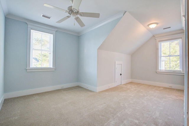 additional living space featuring light carpet, a healthy amount of sunlight, and vaulted ceiling