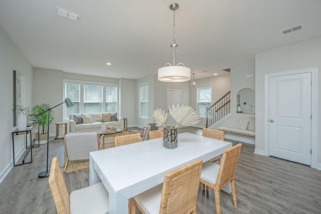 dining space with plenty of natural light and wood-type flooring