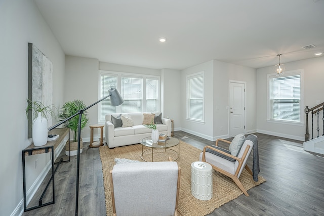 living room with wood-type flooring and a healthy amount of sunlight