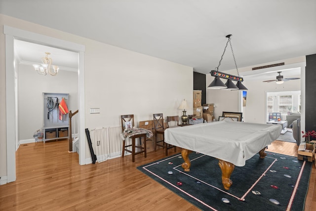 playroom with pool table, baseboards, ceiling fan with notable chandelier, and wood finished floors