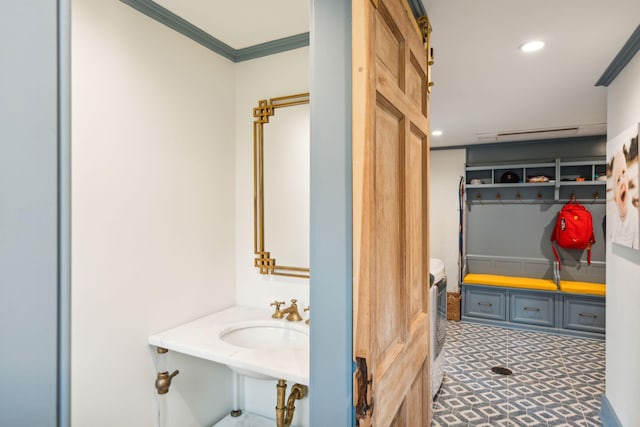 bathroom featuring crown molding and sink