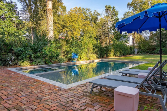 view of swimming pool featuring an in ground hot tub and a patio