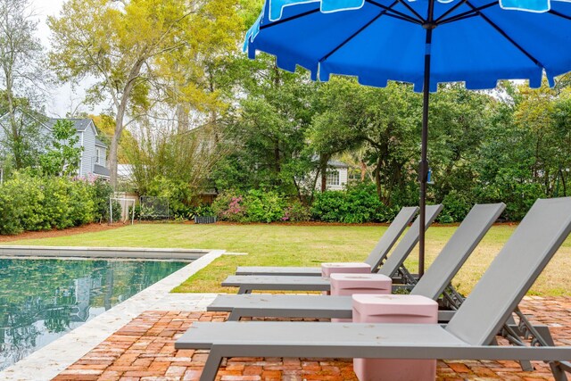 view of pool with a yard and a patio area