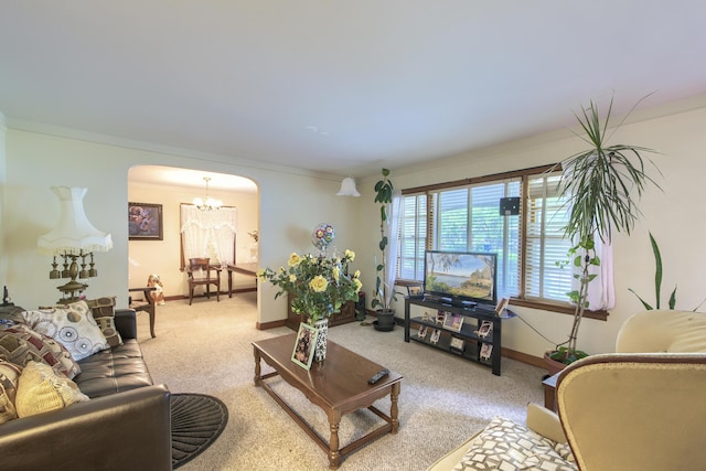 1430 Brian Rd, Charleston, SC 29407 - living room featuring arched walkways, a chandelier, light colored carpet, and crown molding