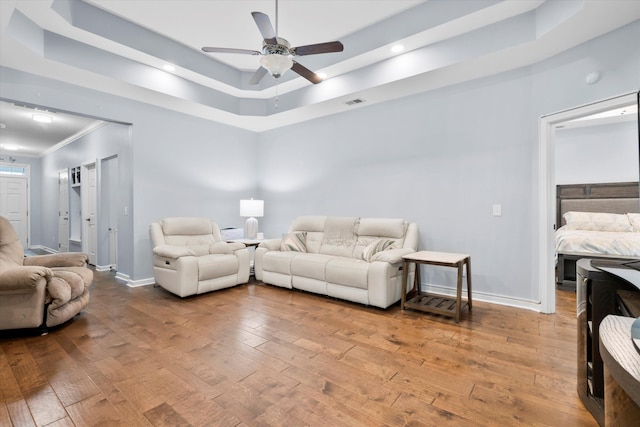 491 Foxbank Plantation Blvd, Moncks Corner, SC 29461 - living area with hardwood / wood-style flooring, ceiling fan, a raised ceiling, recessed lighting, and crown molding