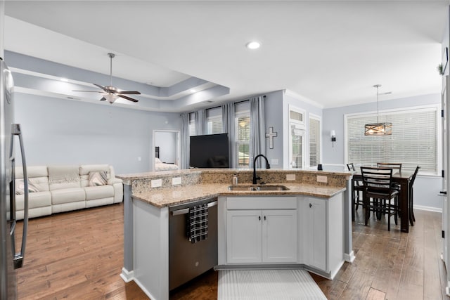 491 Foxbank Plantation Blvd, Moncks Corner, SC 29461 - kitchen with stainless steel dishwasher, open floor plan, dark wood-type flooring, and recessed lighting