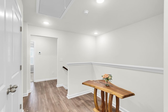 681 Mclernon Trce, Johns Island, SC 29455 - corridor with an upstairs landing, wood finished floors, attic access, baseboards, and recessed lighting