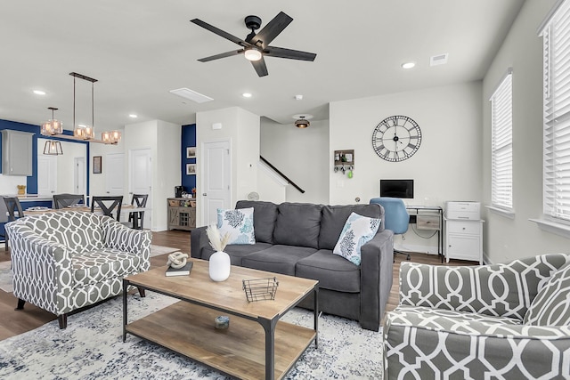 681 Mclernon Trce, Johns Island, SC 29455 - living room with light wood-type flooring, recessed lighting, ceiling fan, baseboards, and an office area