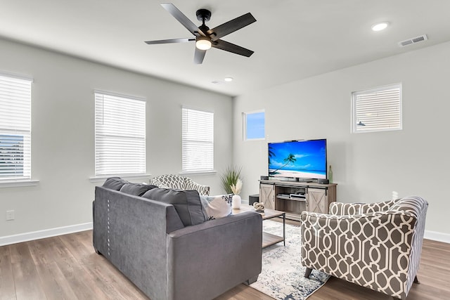 living room with hardwood / wood-style floors and ceiling fan