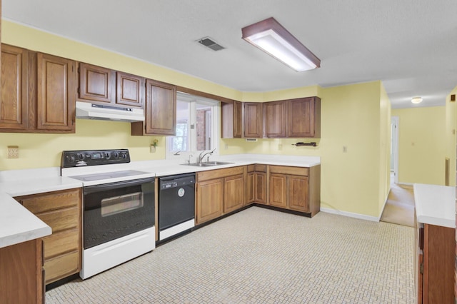kitchen with visible vents, white range with electric stovetop, dishwasher, a sink, and under cabinet range hood