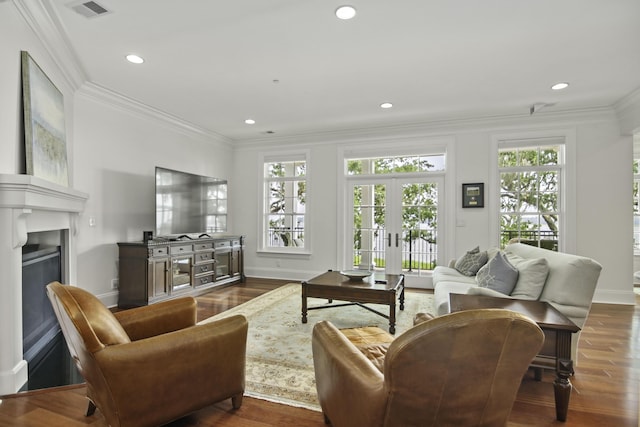 living room featuring crown molding, dark wood-type flooring, and french doors