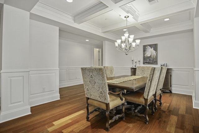 dining area featuring beamed ceiling, coffered ceiling, dark hardwood / wood-style flooring, and an inviting chandelier