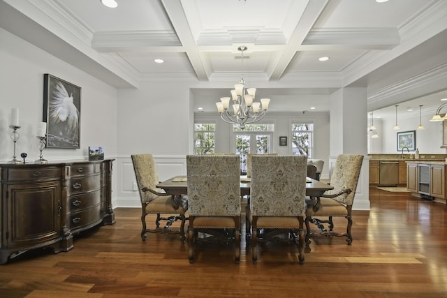 dining space featuring sink, beam ceiling, dark hardwood / wood-style floors, coffered ceiling, and ornamental molding