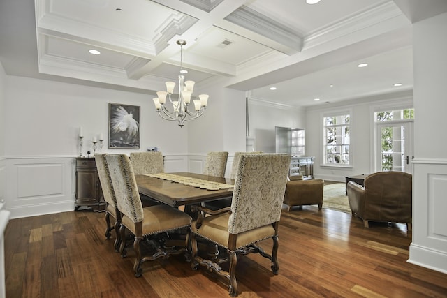 dining space featuring beamed ceiling, ornamental molding, coffered ceiling, and dark hardwood / wood-style floors