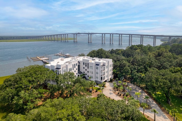 birds eye view of property with a water view