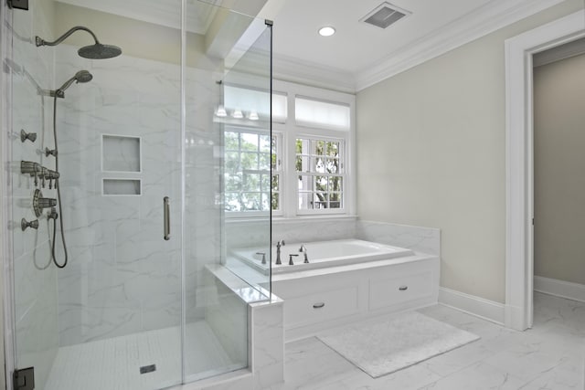 bathroom featuring crown molding and plus walk in shower