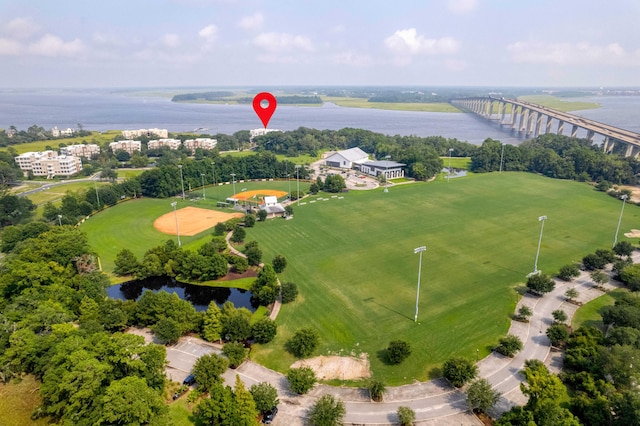 aerial view featuring a water view