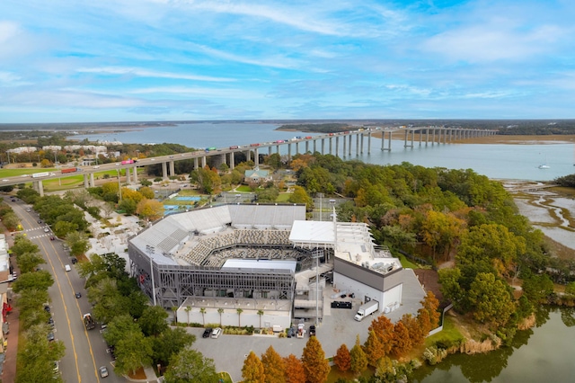 birds eye view of property with a water view