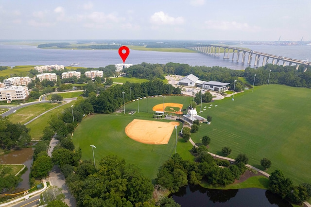 drone / aerial view featuring a water view