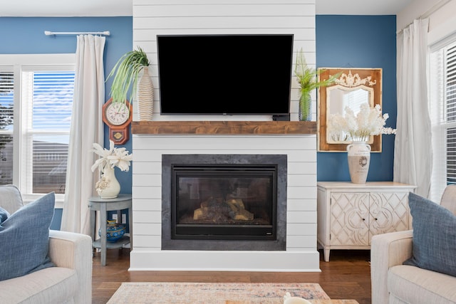 living room featuring dark hardwood / wood-style floors and a large fireplace