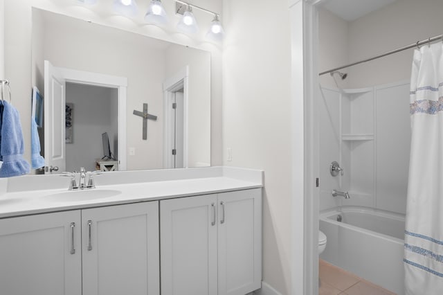 full bathroom with shower / bathtub combination with curtain, tile patterned floors, vanity, and toilet