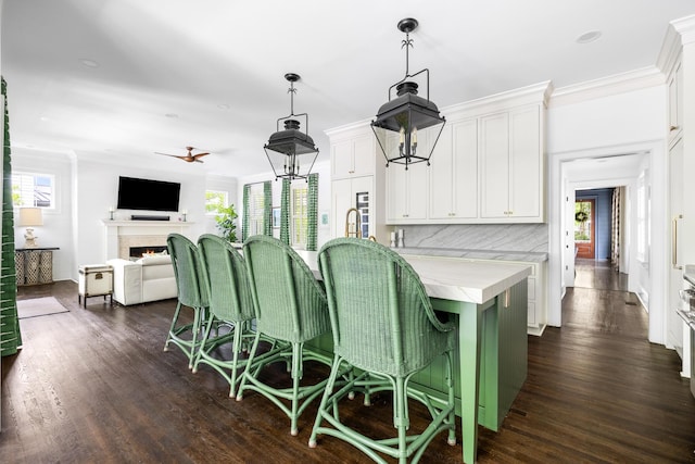 11 Dalton St, Daniel Island, SC 29492 - kitchen with white cabinets, dark wood-style floors, a lit fireplace, hanging light fixtures, and ornamental molding