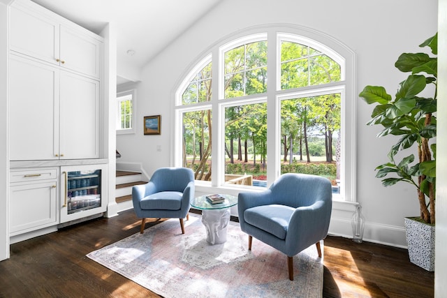 11 Dalton St, Daniel Island, SC 29492 - living area featuring beverage cooler, dark wood-type flooring, baseboards, and vaulted ceiling