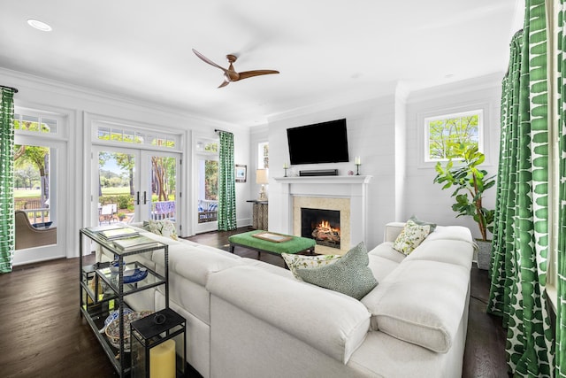 11 Dalton St, Daniel Island, SC 29492 - living room featuring crown molding, french doors, ceiling fan, a warm lit fireplace, and dark wood finished floors